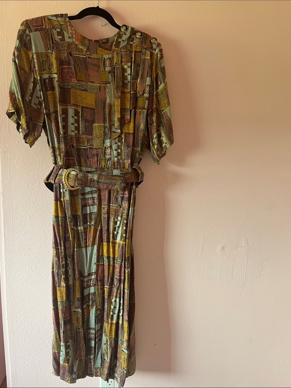 VINTAGE! 80’s Willy’s Influence Belted Midi Dress in Olive, Mustard & Brown